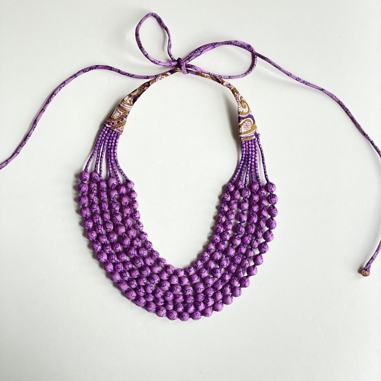 Multi Layered Purple Bead Statement Necklace for Women, Six Strand Wood