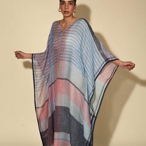 Long Striped Linen Kaftan Dress, Embroidered Linen Kaftan Beach Cover Up, Classy Beach Cover Up, Swimwear Swimsuit Cover Up, Womens Kaftan,