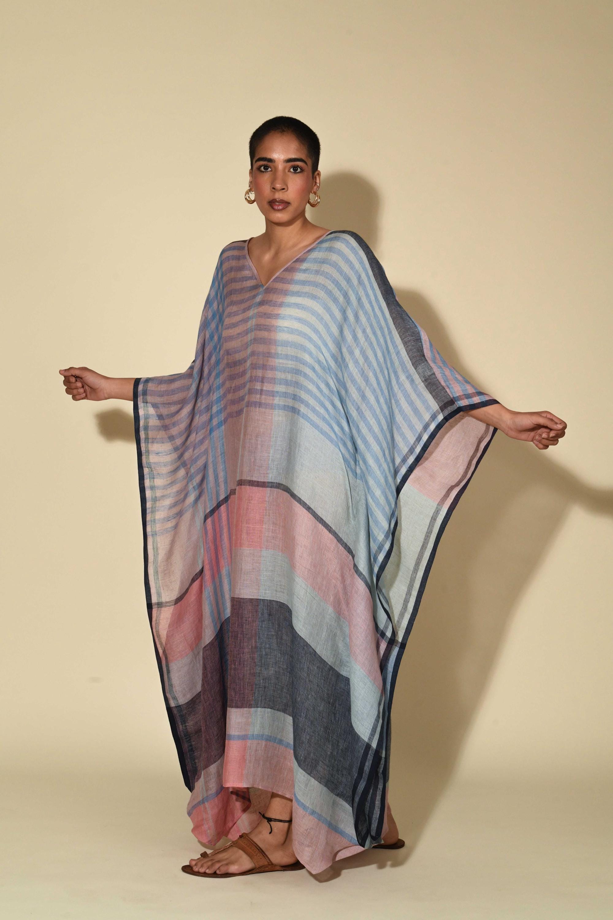 Long Striped Linen Kaftan Dress, Embroidered Linen Kaftan Beach Cover Up, Classy Beach Cover Up, Swimwear Swimsuit Cover Up, Womens Kaftan,