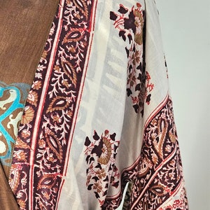 Floral pink and brown paisley print on silk kimono robe.