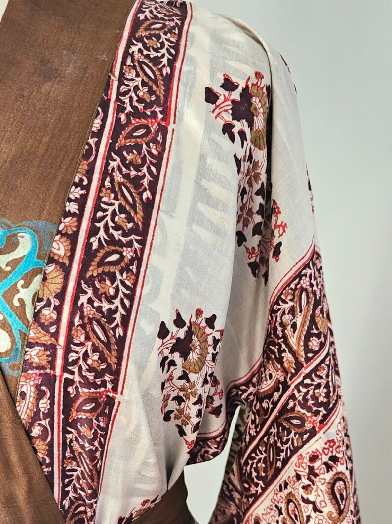 Floral pink and brown paisley print on silk kimono robe.