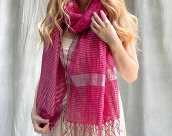 Pink Embroidered Linen Scarf Shawl, Handmade Long Linen Wrap, Lightweight Sheer Linen Scarf, Metallic Silver Striped Wrap, Gift Box For Mom