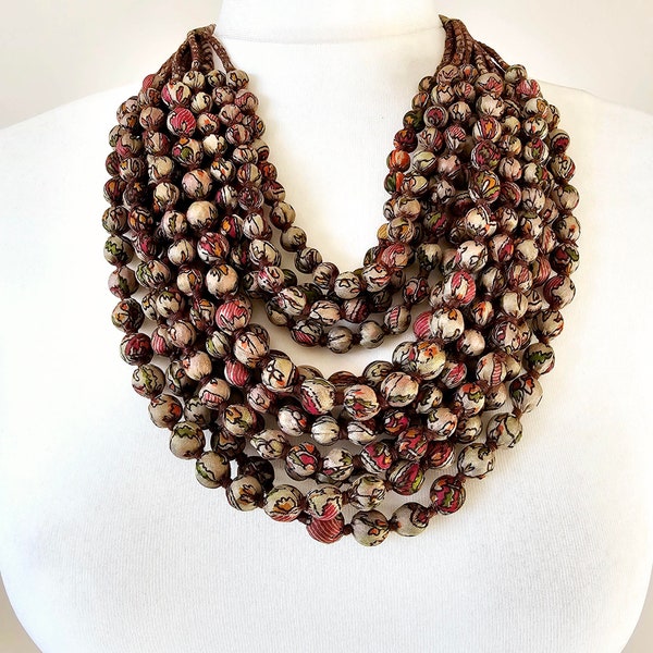 Upcycled Sari Silk Bead Necklace Gift For Women, Lightweight Wood Bead Statement Necklace, Unique Sustainable Birthday Gift For Her Or Mom
