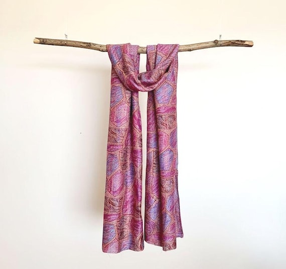 Upcycled Silk Kantha Scarf, Pink Floral Sari Wrap, Artisan Embroidered Boho Accessory, Silk Scarves For Women