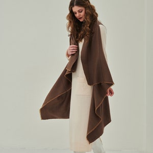 Lightweight Long Cardigan Jacket, Elegant Handwoven Sleeveless Knit Poncho Cape In Chocolate Brown, Reversible Knitted Warm Jacket Shawl image 1