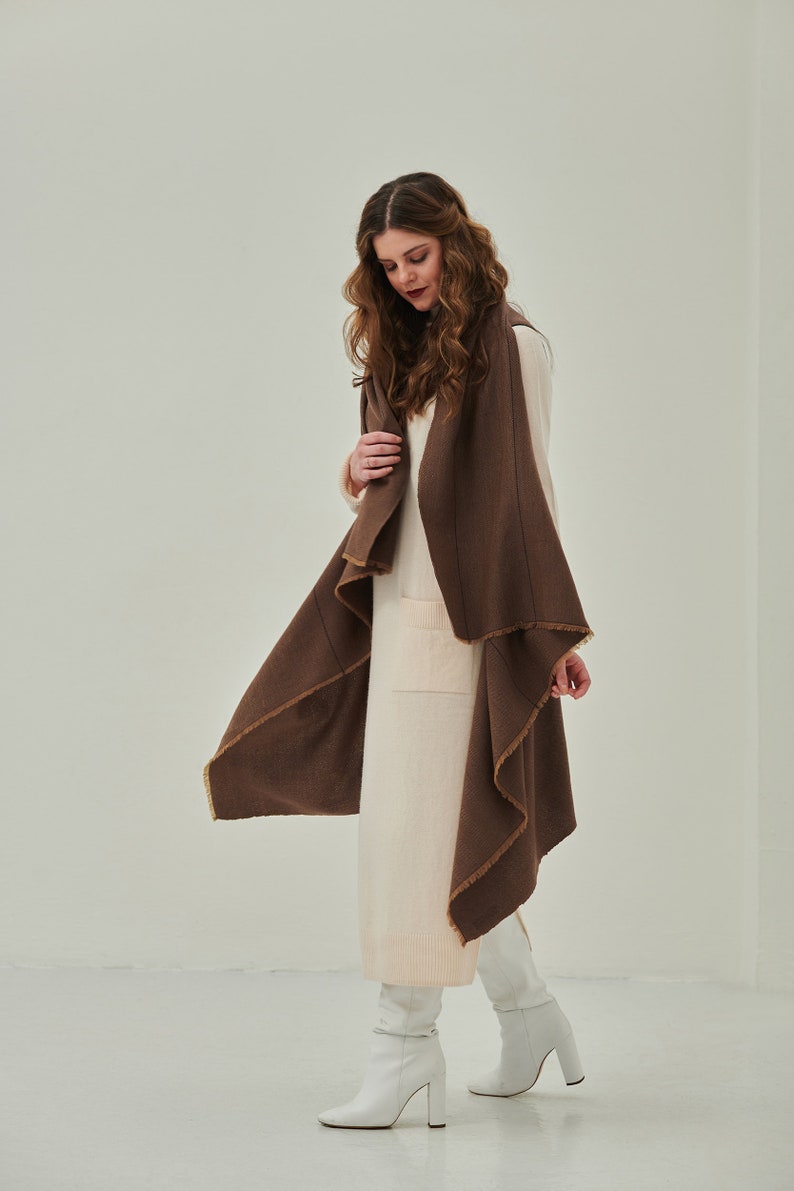 Lightweight Long Cardigan Jacket, Elegant Handwoven Sleeveless Knit Poncho Cape In Chocolate Brown, Reversible Knitted Warm Jacket Shawl image 1