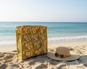 Daisy Print Große Strandtasche mit Reißverschluss, Block Print Quilted Cotton Beach Tote für Sommer, Urlaubszubehör