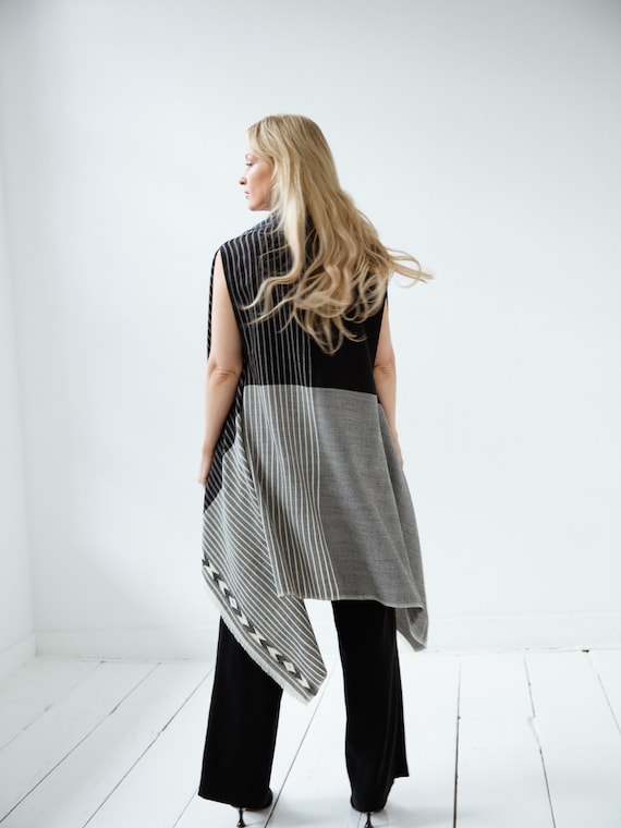 Striped Open Front Black Wool Cape Jacket for Women Long Wool Cape Coat With Armholes Warm Poncho Reversible Cardigan Sustainable Gifts Etsy