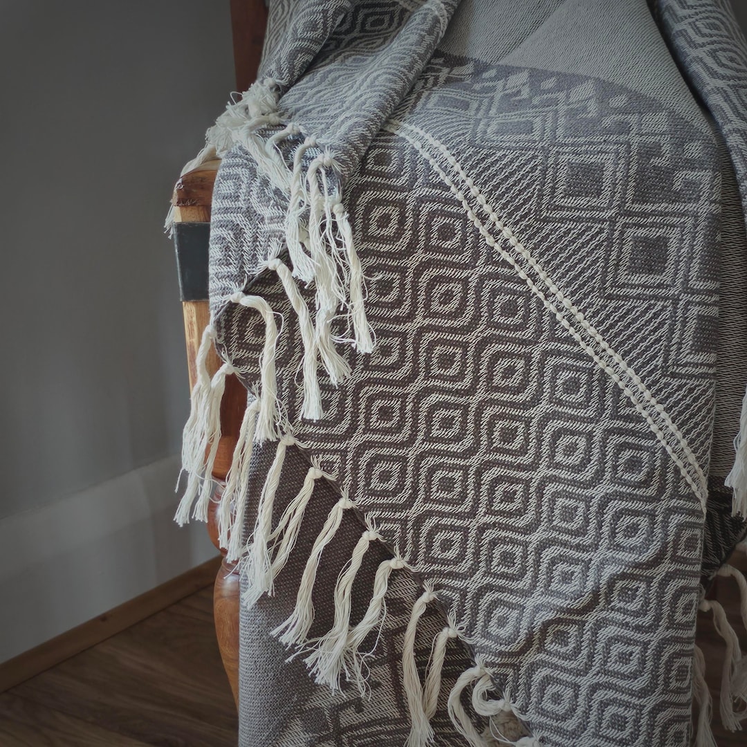 Handmade Artisan Throw Blanket With Fringed Edges, Woven Tufted Cotton