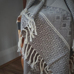 Handcrafted Greige Cotton Sofa Throw with Decorative Tassels, Handmade Fringed Accent Throw Blanket, Tufted Cotton Throw, Unique Home Decor