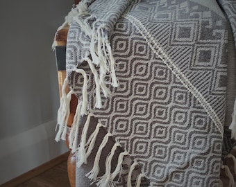 Handcrafted Greige Cotton Sofa Throw with Decorative Tassels, Handmade Fringed Accent Throw Blanket, Tufted Cotton Throw, Unique Home Decor