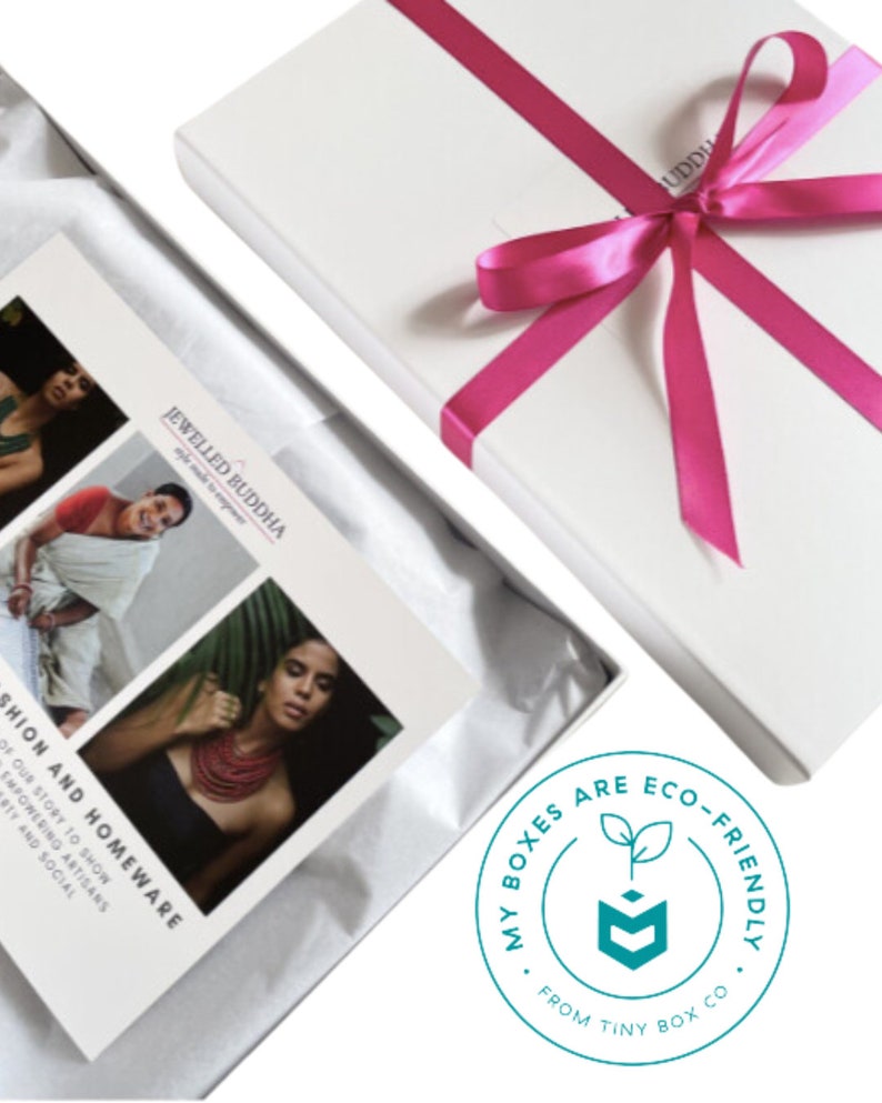 Eco-friendly white gift box with pink ribbon by ethical fashion brand Jewelled Buddha