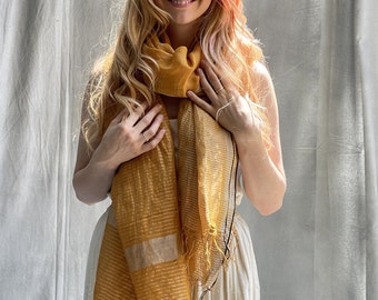 Linen Summer Scarf Yellow, Lightweight Soft Gauzy Linen Scarf With Gold Stripes, Woven Linen Summer Shawl Wrap For Holidays