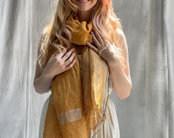 Yellow Linen Summer Scarf, Lightweight Soft Gauzy Linen Scarf With Gold Stripes, Woven Linen Summer Shawl Wrap For Holidays