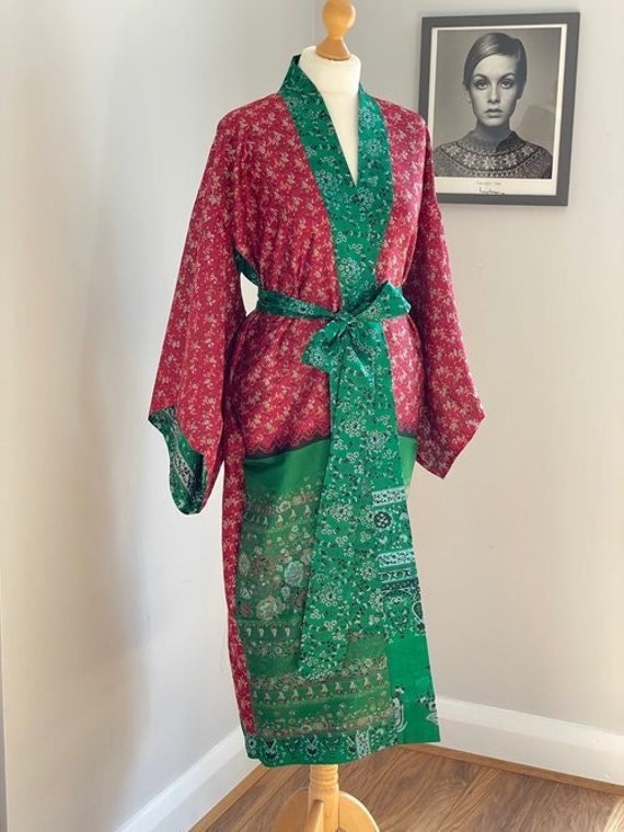 Beautiful Red And Blue Rasgulla Silk long Kimono~Handmade floral print Coverup Bath Robes,Wedding/Bridal Robe/ Bridesmaids valentine's gift