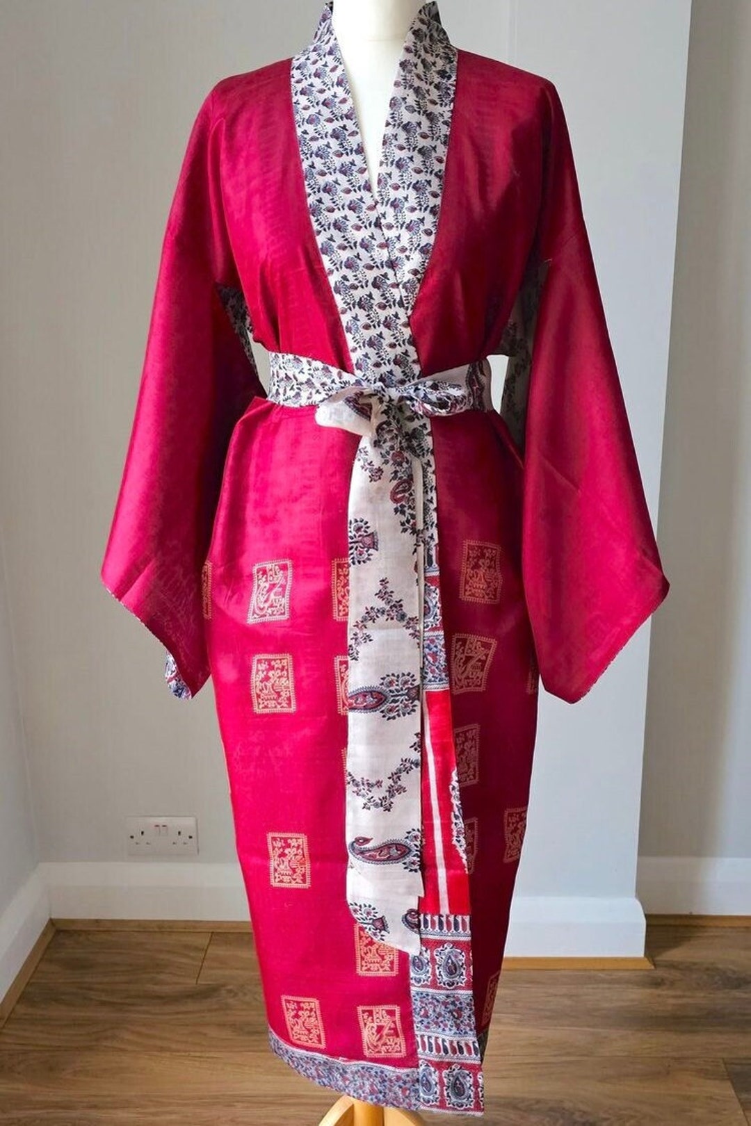 Seta Rosso Vestaglia Seta Corta Vestaglia Kimono In Seta Rossa