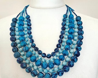 Blue Bead Silk Sari Collar Necklace, Handmade Wood Bead Bib Statement Necklace Birthday Gift For Girlfriend, Gift For Mom From Daughter