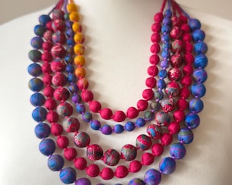 Rainbow Sari Silk Bead Necklace: Chunky Statement Jewelry