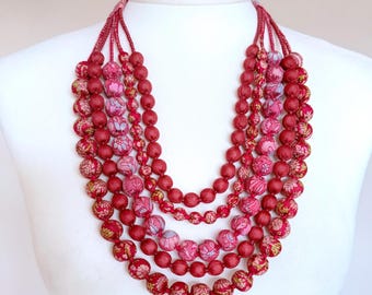 Round Bead Chunky Layered Pink Necklace, Upcycled Sari Silk Bead Bib Necklace, Floral Spring Summer Necklace, Ethical Jewelry Gift For Her
