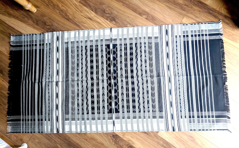 Rajasthani handwoven striped rug with tribal geometric print