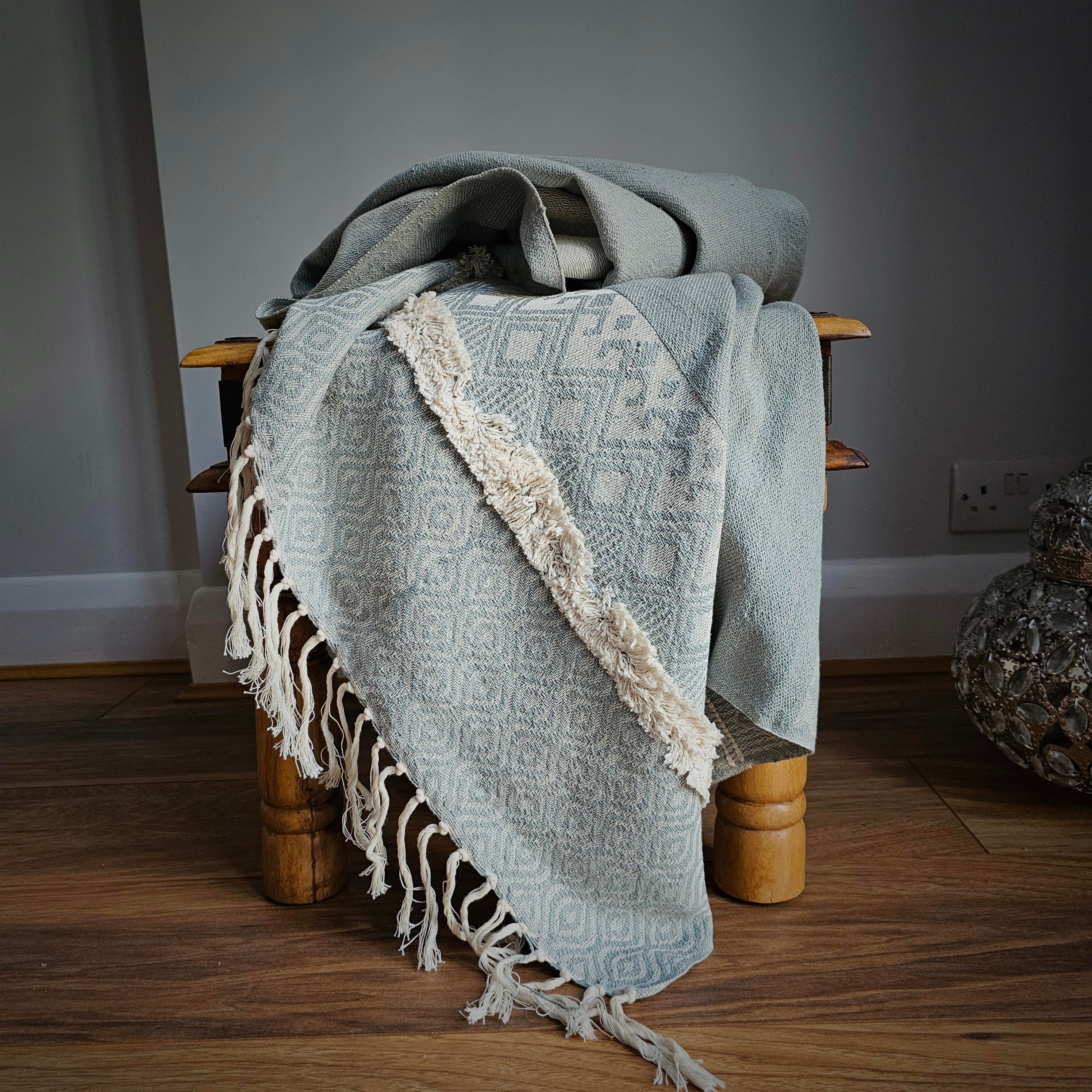 Handmade Artisan Throw Blanket With Fringed Edges, Woven Tufted Cotton