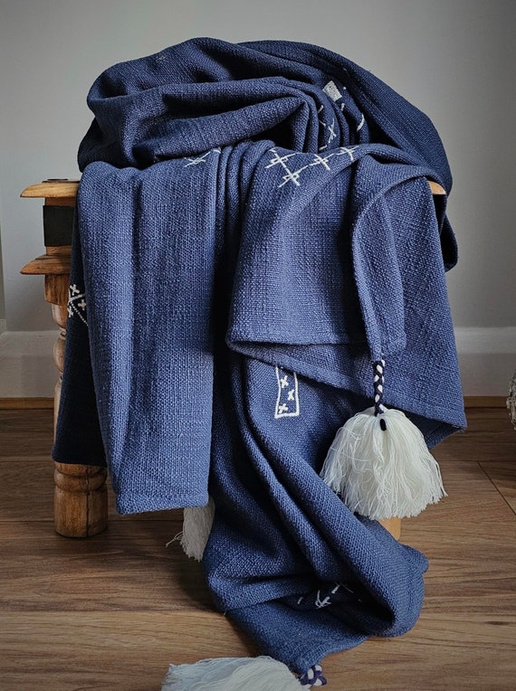 Navy And White Handmade Kantha Throw With Tassels, Decorative Kantha Blanket For Couch With Pom Poms,  Woven Sofa Bed Throw, Home Decor Gift