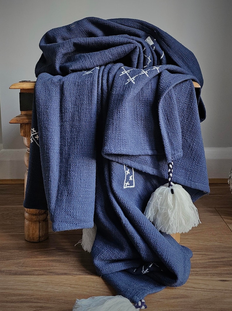 Navy blue Kantha embroidered throw with tassels