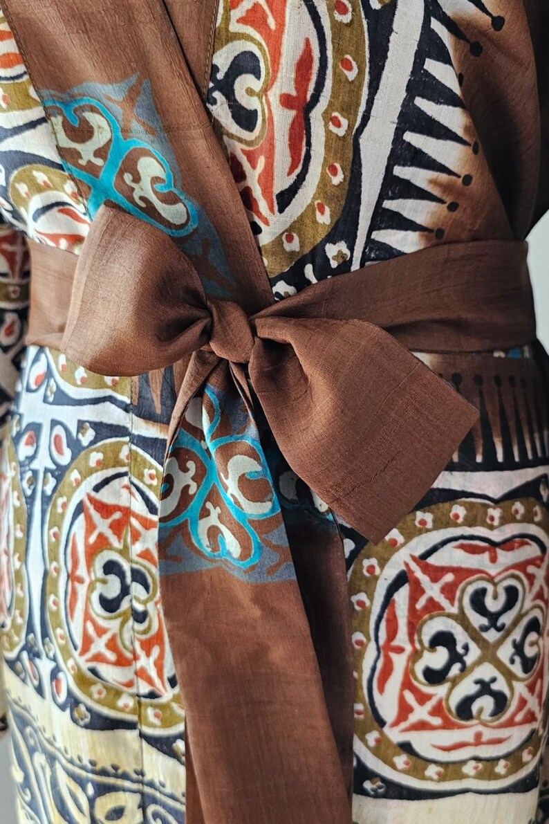 Colourful Indian tribal print on silk kimono robe