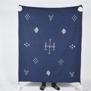 Navy blue embroidered kantha throw with tassels