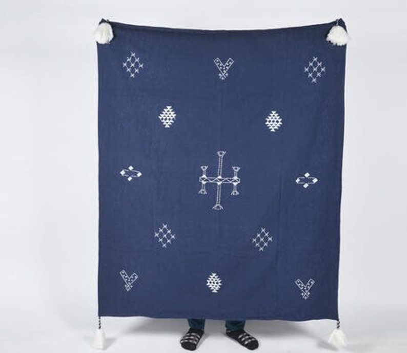 Navy blue embroidered kantha throw with tassels