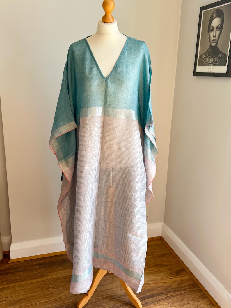 Long loose fit kaftan dress beach cover up for women with embroidered zari stripes