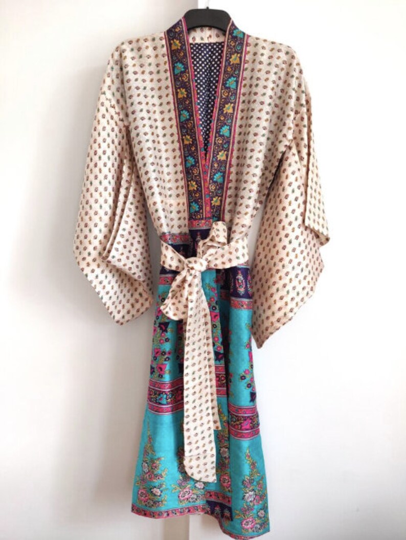Azure Blue and Stone Grey Sari Silk Kimono Robe Christmas gift Dressing gown Silk Robe Vintage silk kimonoBathrobeJapanese clothing