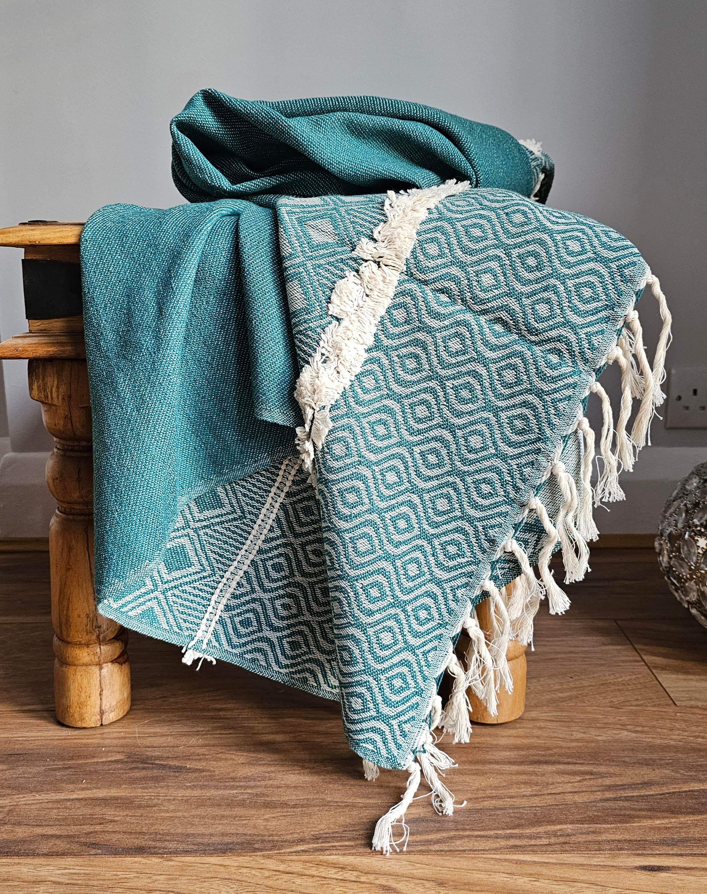 Handmade Artisan Throw Blanket With Fringed Edges, Woven Tufted Cotton