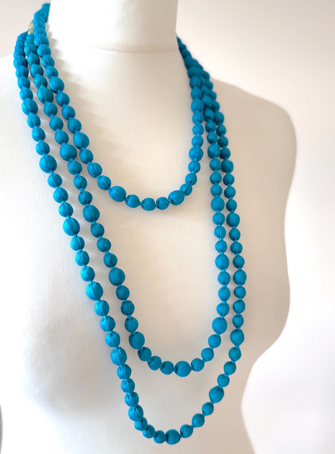 Blue Long Bead Ladies Elegant Necklace, Upcycled Recycled Sari Silk