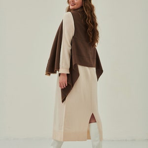 Lightweight Long Cardigan Jacket, Elegant Handwoven Sleeveless Knit Poncho Cape In Chocolate Brown, Reversible Knitted Warm Jacket Shawl image 6