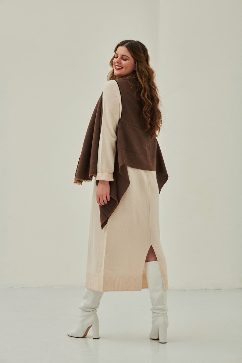 Lightweight Long Cardigan Jacket, Elegant Handwoven Sleeveless Knit Poncho Cape In Chocolate Brown, Reversible Knitted Warm Jacket Shawl image 6