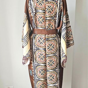 Recycled sari silk dressing gown with bold multi coloured tribal print