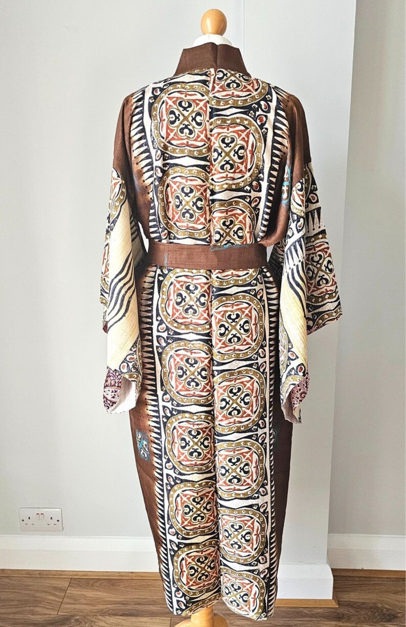 Recycled sari silk dressing gown with bold multi coloured tribal print