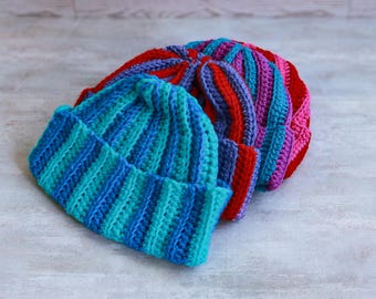 Crochet Striped Beanie: Funky Multicolor Acrylic Winter Hat 