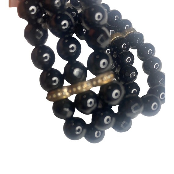 Vintage MCM Black Glass Beaded Bracelet with 3 Ro… - image 3