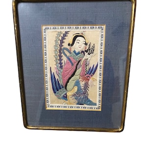 Japanese Hand Embroidered Panel Geisha on Linen Tapestry Art