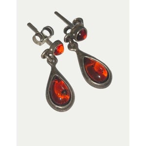 Vtg Amber Sterling Silver Dangle Tear drop Earrings