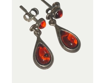 Vtg Amber Sterling Silver Dangle Tear drop Earrings