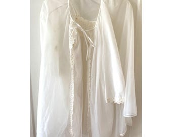 Vintage 1950s-60s Ivory/Off White Sheer Nightgown Set Gown Robe by Worth
