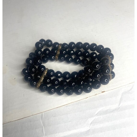 Vintage MCM Black Glass Beaded Bracelet with 3 Ro… - image 2