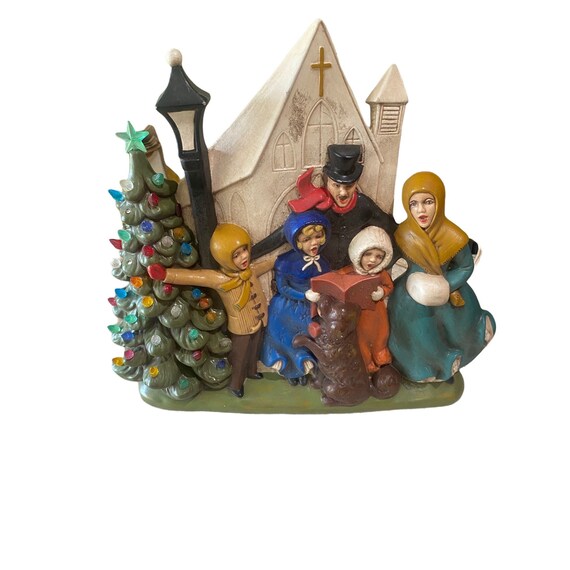Vtg Ceramic Atlantic Mold Christmas Tree Church Carolers Dog and