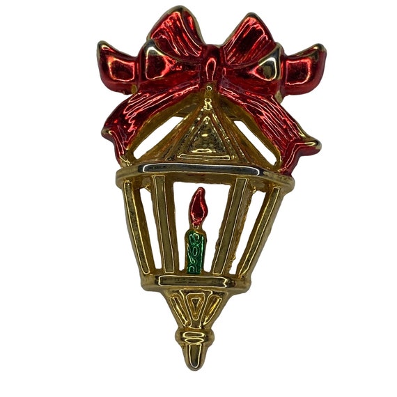Vtg Candle Lit Lantern Gold Tone Brooch Enamel De… - image 4
