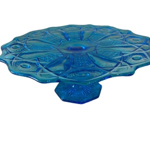 Vintage Blue Kemple Glass Pedestal Cake Plate Stand, circa 1960 Quintec Pattern