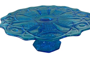 Vintage Blue Kemple Glass Pedestal Cake Plate Stand, circa 1960 Quintec Pattern