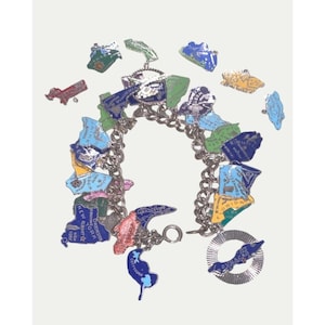 Pulsera de viaje con 32 dijes en plata esterlina y esmalte vintage con mapas de los estados y países de EE. UU.